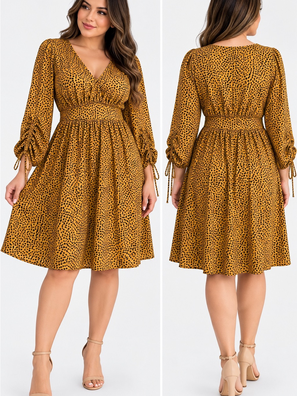 Listicle Mustard Printed V-Neck Smocked Waist Dress